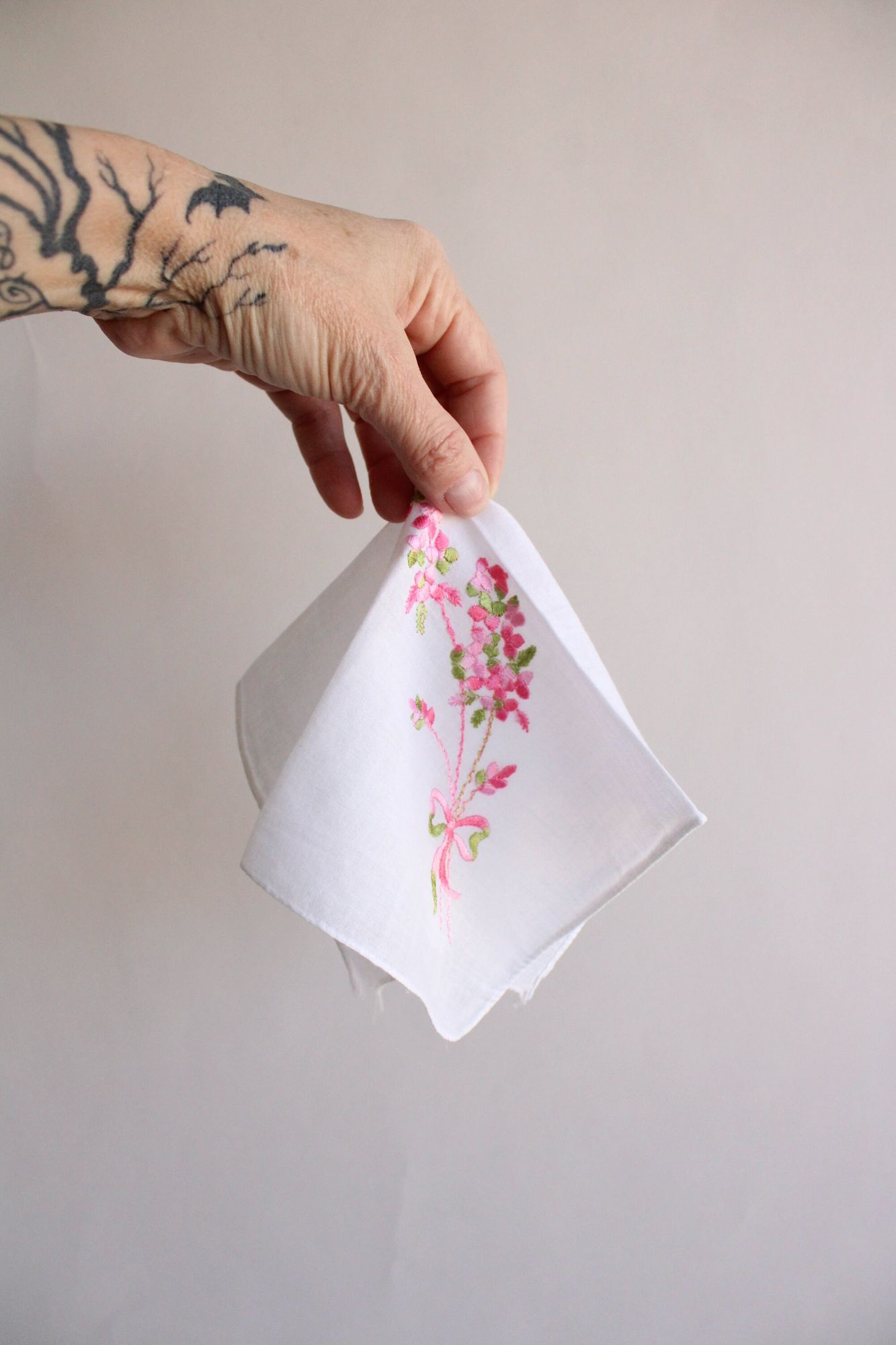 Vintage White Cotton Pink Flower Embroidered Hanky
